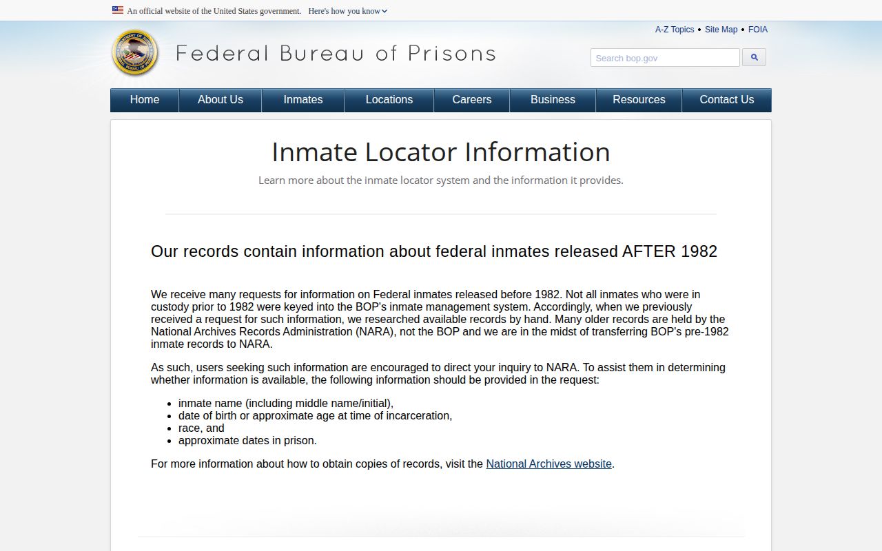 BOP explanation of inmate locator records and historical coverage