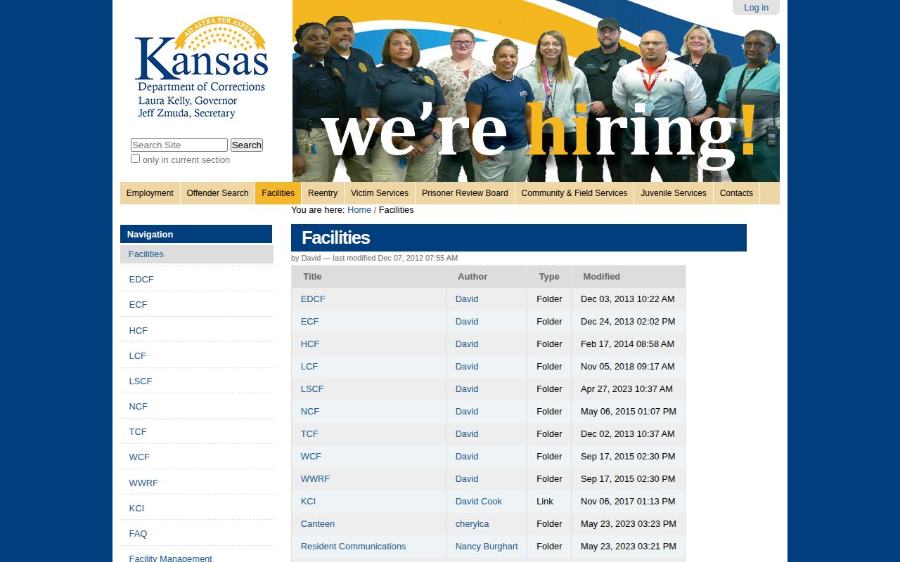 Kansas Department of Corrections adult facilities directory