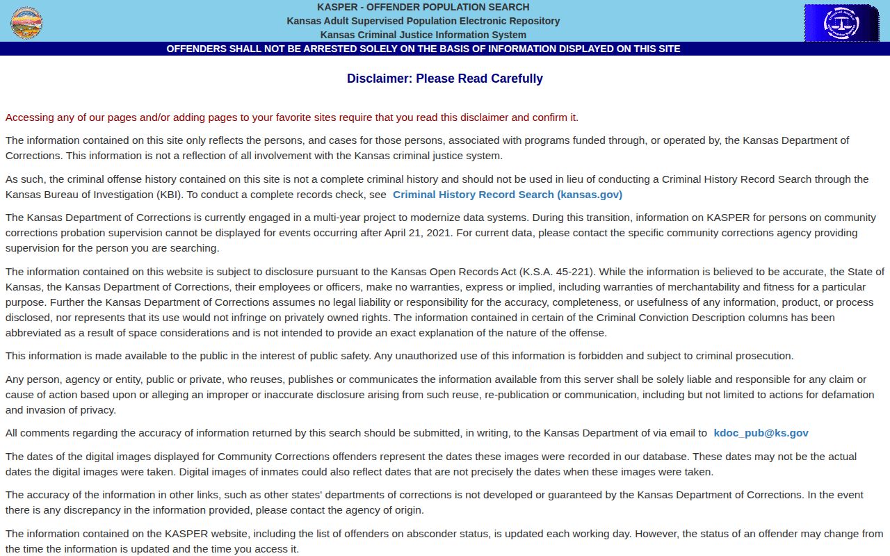 Kansas KASPER offender search disclaimer and entry